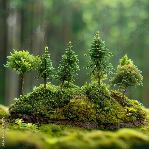 Miniature forest with small trees on mossy ground  surrounded by blurred greenery in the background  creating a tranquil nature scene.