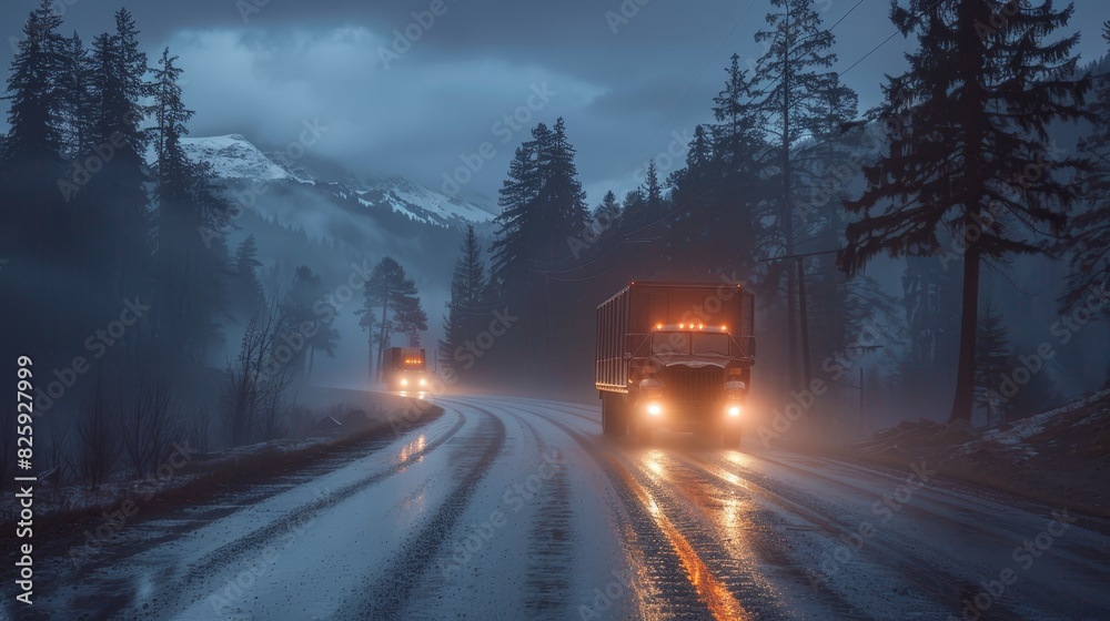 Truck headlights glowing on a wet road at dusk, reflections creating a moody scene, silhouette of trees along the road Truck headlights glowing on a wet road at dusk, reflections creating a moody scene, silhouette of trees along the road