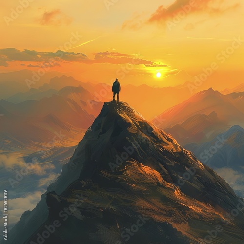 Serene sunrise over majestic mountain peak, a lone hiker stands in awe of the stunning landscape, basking in warm golden light.