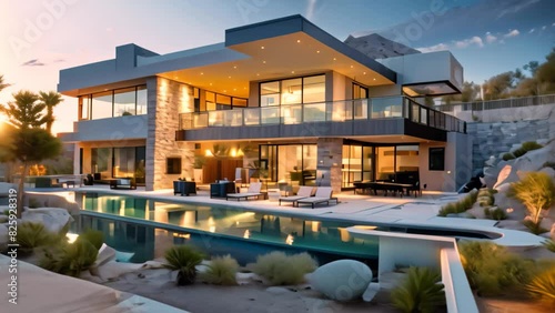 A large contemporary house featuring a pool in the front yard, A cutting-edge smart home with voice-activated controls, integrated security systems, and energy-efficient features