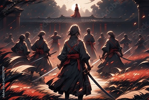 Lone Samurai vs. Assassins, Moonlit Garden Battle - Anime Art 