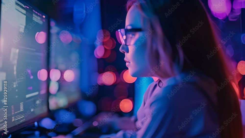 A woman sitting in front of a computer screen, focused on her work as a cyber resilience specialist, A cyber resilience specialist developing strategies to recover from cyber attacks A woman sitting in front of a computer screen, focused on her work as a cyber resilience specialist, A cyber resilience specialist developing strategies to recover from cyber attacks
