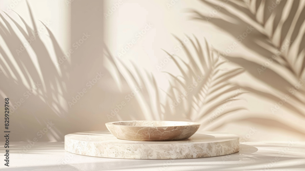 A simple and elegant 3D render of a beige and brown podium on a white marble stage, with palm leaf shadows adding a botanical touch A simple and elegant 3D render of a beige and brown podium on a white marble stage, with palm leaf shadows adding a botanical touch