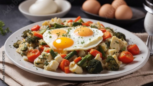 Egg omelet with vegetables , cabbage, tomato, breakfast, vegetables,