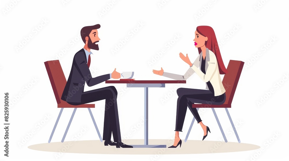 The job interview conversation between the HR manager and candidate. A man and woman at a table discussing careers. A business or human resources concept. The job interview conversation between the HR manager and candidate. A man and woman at a table discussing careers. A business or human resources concept.