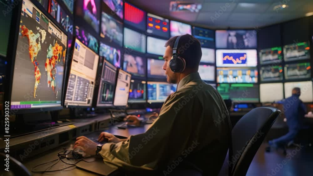 A cybersecurity expert sits at a desk, closely monitoring network traffic on multiple screens, A cybersecurity expert monitoring network traffic in a control room A cybersecurity expert sits at a desk, closely monitoring network traffic on multiple screens, A cybersecurity expert monitoring network traffic in a control room
