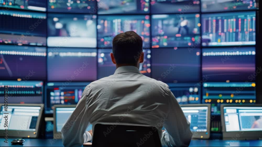 A cybersecurity expert sits at a desk, analyzing network traffic on a wall of computer monitors, A cybersecurity expert monitoring network traffic in a control room