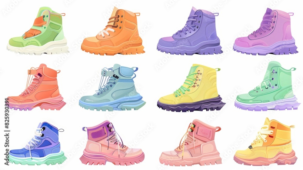 A collection of stylish woman's formal boots and shoes. There is also a set of trendy sandals and loafers in cartoon styles, as well as a range of stylish sneakers and training shoes. A collection of stylish woman's formal boots and shoes. There is also a set of trendy sandals and loafers in cartoon styles, as well as a range of stylish sneakers and training shoes.