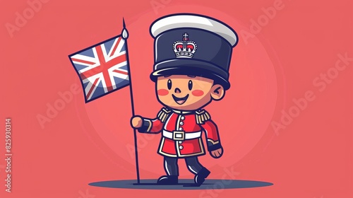 Cartoon illustration of a cute British guardsman holding the Great Britain flag as a modern illustration photo