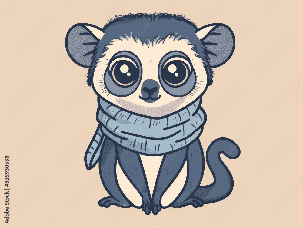 Cute cartoon lemur with big eyes wearing a blue scarf, sitting on the ground against a beige background. Cute cartoon lemur with big eyes wearing a blue scarf, sitting on the ground against a beige background.