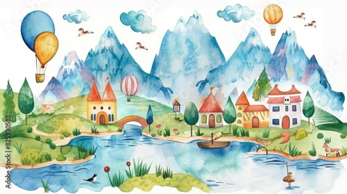 The beauty of the mountains in watercolor. A colorful illustration with mountains, hills, rivers, lakes and a cute village, balloons and birds. Painting for a child's room.