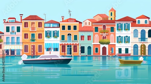 A modern image of a Venice cityscape in a simple style. Traditional Italian landscape. Houses in the old European style. A river channel and boat are shown in the illustration.