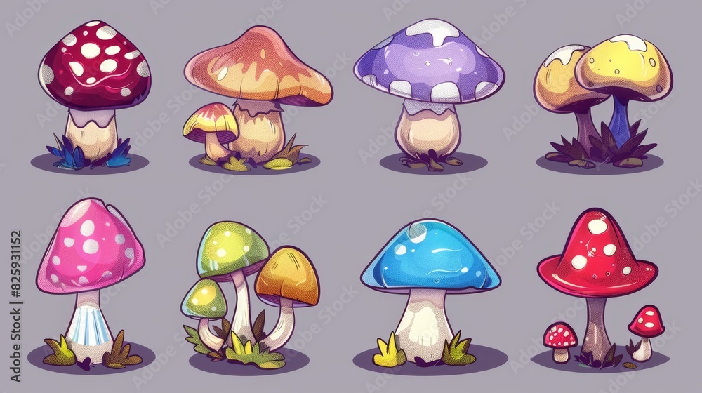 A modern illustration of a set of poisonous and edible mushrooms. A modern illustration of a set of poisonous mushrooms. A modern illustration of a set of poisonous and edible mushrooms. A modern illustration of a set of poisonous mushrooms.