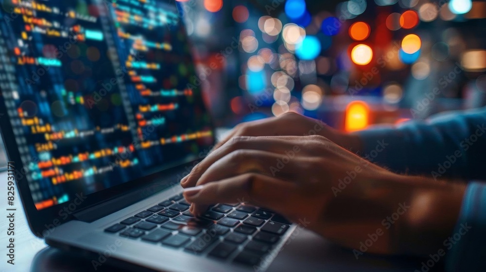 Close-up of hands typing code on a laptop with colorful blurred lights in the background. Represents programming, coding, or software development. Close-up of hands typing code on a laptop with colorful blurred lights in the background. Represents programming, coding, or software development.