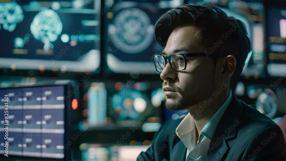 A man in a suit and glasses carefully examines a computer screen displaying malware code, A cybersecurity researcher studying the latest malware threats A man in a suit and glasses carefully examines a computer screen displaying malware code, A cybersecurity researcher studying the latest malware threats