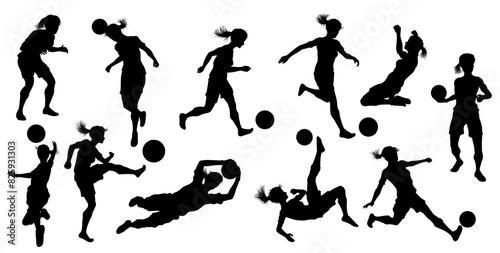 A set of female soccer football player women silhouettes