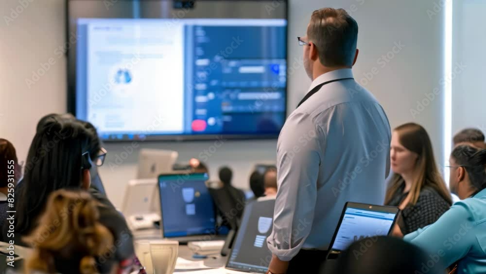 A man standing in front of a classroom full of students, teaching cybersecurity concepts, A cybersecurity specialist training employees on cybersecurity awareness