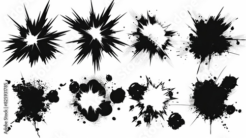 A black silhouette of a radial explosion. Exploding bursts  war clouds  and exploding bombs. Explosion burst dust  power bomb explosions effect. Isolated symbols graphic modern set.