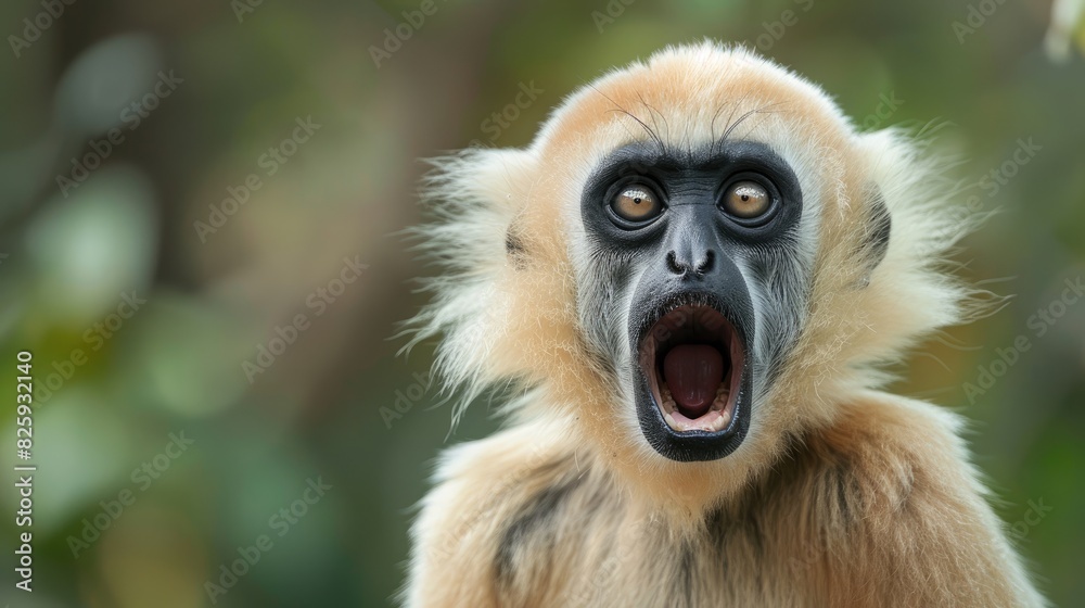 Obraz premium White Handed Gibbon displaying open mouth