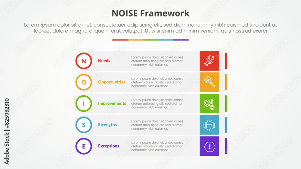 Fototapeta premium NOISE analysis model infographic concept for slide presentation with rectangle box stack with outline circle badge with 5 point list with flat style