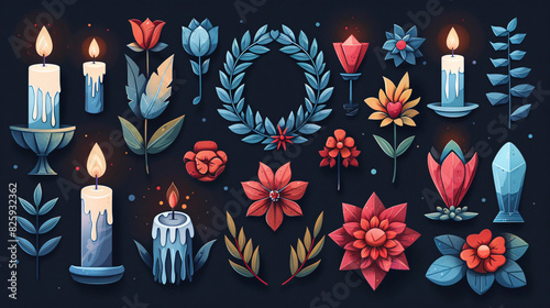 Geometric shapes in dark, subdued colors forming a respectful backdrop, with stylized icons of candles, flowers, and a memorial wreath photo