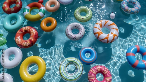 A variety of inflatable rings, including classic designs and novelty shapes, floating in a swimming pool, creating a colorful and lively image from above. photo