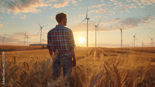 Windmills in the background. Renewable energy sources. Taking care of the environment. A man stands in a wheat field against the background of sunset