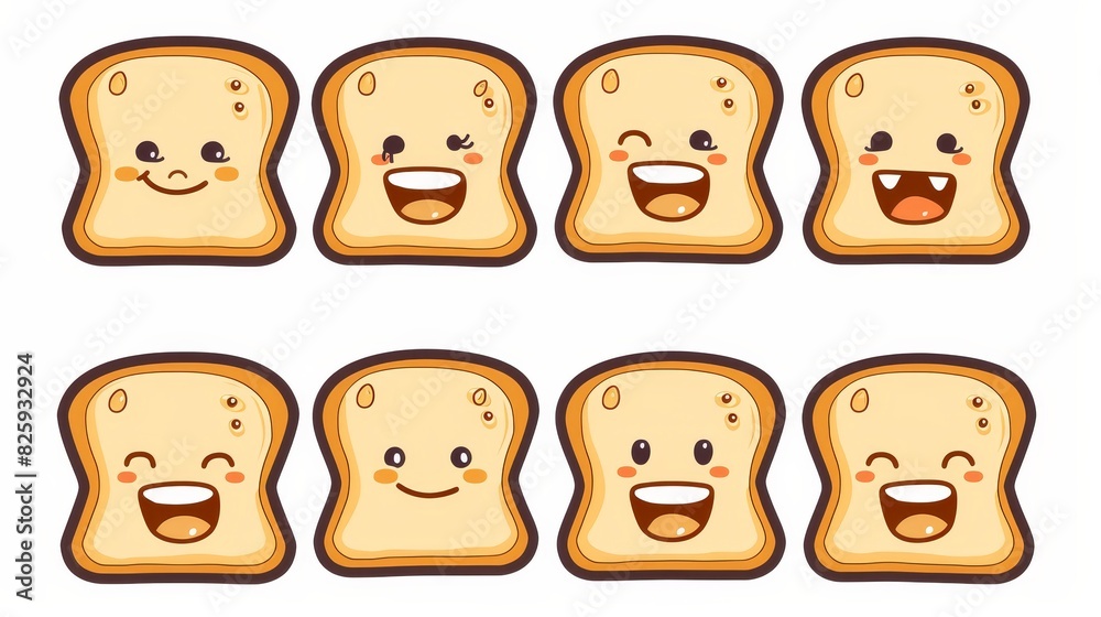 A funny collection of toast characters with faces. Modern flat line illustration with white background. A funny collection of toast characters with faces. Modern flat line illustration with white background.