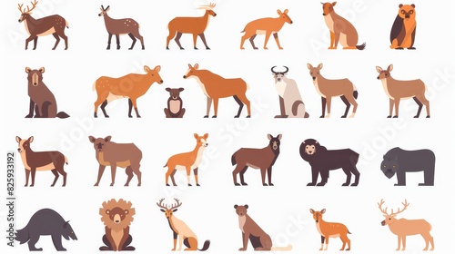 A flat set of north American animals isolated on white. Modern illustration. photo