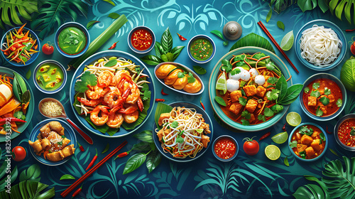 Illustration of a vibrant Thai food spread featuring dishes like Pad Thai, Tom Yum soup, and green curry, arranged appealingly with decorative elements for advertising photo