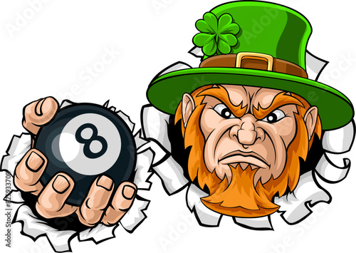 A leprechaun angry mean pool billiards mascot cartoon character holding a black 8 ball.