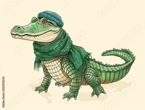 Illustration of a cute crocodile wearing a cozy scarf and hat  showcasing a fun and whimsical approach to wildlife artwork.