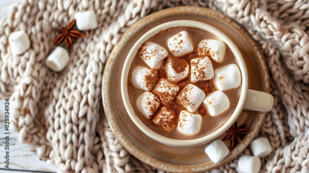 Hot sweet cocoa with marshmallows and cinnamon is on the table, the atmosphere is warm and cozy Hot sweet cocoa with marshmallows and cinnamon is on the table, the atmosphere is warm and cozy