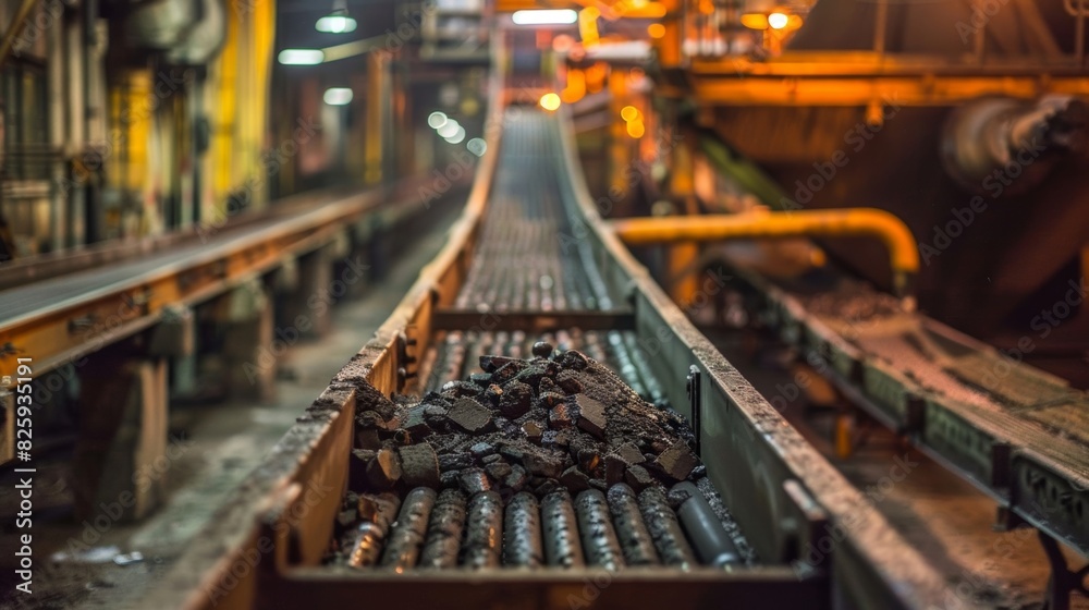 A conveyor belt bringing in new loads of coal to fuel the constantly burning furnace. A conveyor belt bringing in new loads of coal to fuel the constantly burning furnace.
