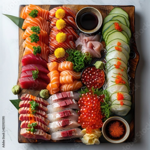 a mixed sushi platter, evoking raw sashimi, presented in a colorful arrangement, well decorated and deliciously appetizing photo