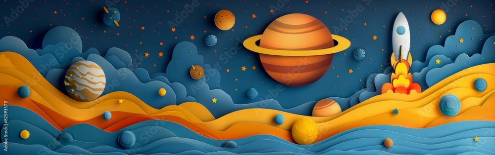 Solar system planets, constellations, and a rocket under a starry night sky, vector paper cut illustration, whimsical design, rich details Solar system planets, constellations, and a rocket under a starry night sky, vector paper cut illustration, whimsical design, rich details