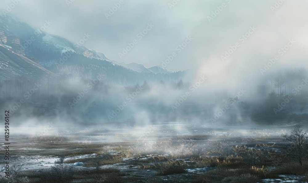 Mystical Landscape Enveloped in Morning Steam

