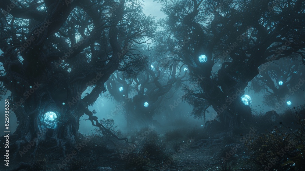 Shadowy forest with contorted trees, glowing blue orbs floating, thick fog, magical and unsettling feel Shadowy forest with contorted trees, glowing blue orbs floating, thick fog, magical and unsettling feel