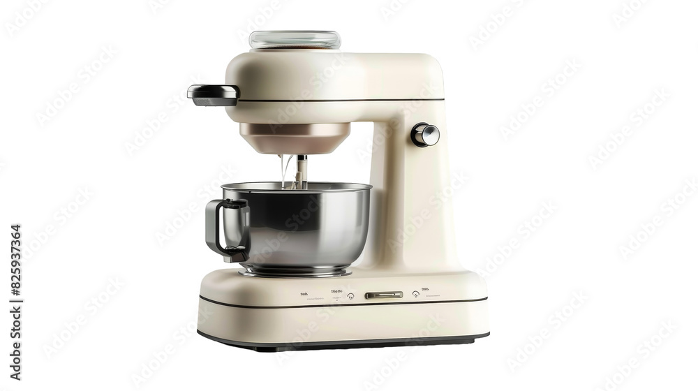 A white mixer with a metal bowl on top, ready for blending ingredients A white mixer with a metal bowl on top, ready for blending ingredients
