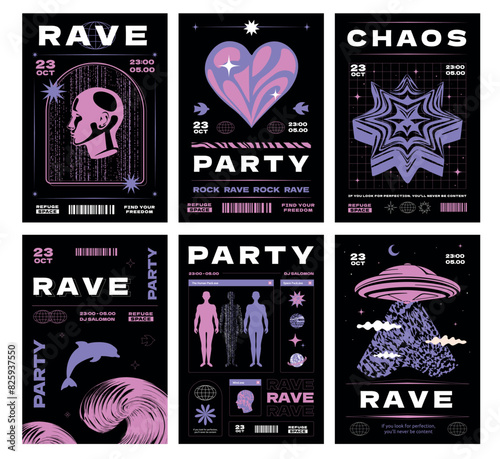A collection of posters inspired by the y2k era, featuring a minimalist and futuristic design. Vector party templates in brutalism style.