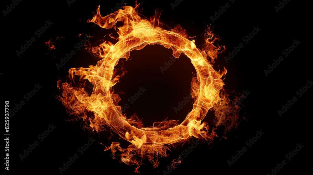 Radiant fire ring, flames blazing in a perfect circle, solid black background, emphasizing the contrast and intensity