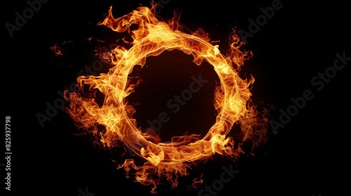 Radiant fire ring  flames blazing in a perfect circle  solid black background  emphasizing the contrast and intensity
