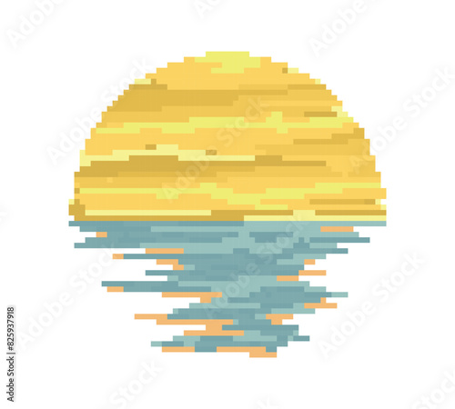 The pixel sunset with reflection in water.