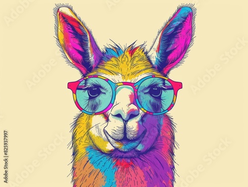 Vibrant, colorful illustration of a llama wearing glasses with a playful and hipster vibe on a pastel background.