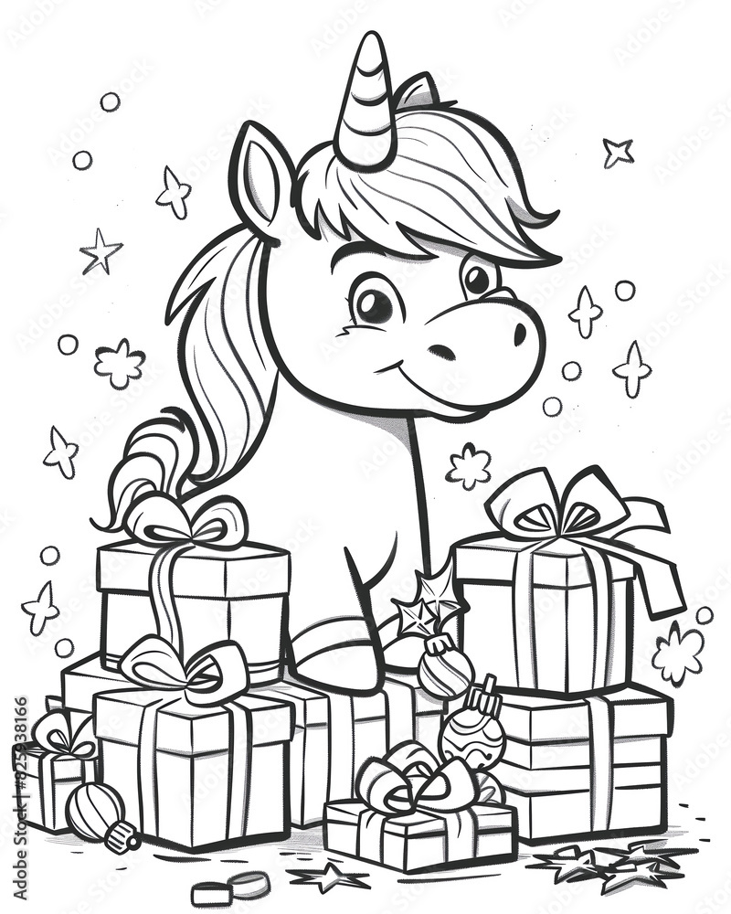 Fototapeta premium Cute and cheerful unicorn with Christmas gifts. Coloring book page.