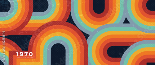 Abstract retro 70s background vector. Colorful vintage 1970 grunge stylish wallpaper with lines, stripes, curve shapes. Illustration design suitable for poster, banner, decorative, wall art.