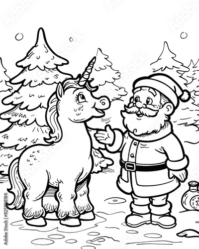 Cute and cheerful unicorn under Christmas tree with Santa. Coloring book page.