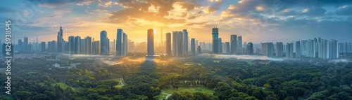 Ecofriendly city design, skyscrapers rise above extensive green parks under a glowing morning sky