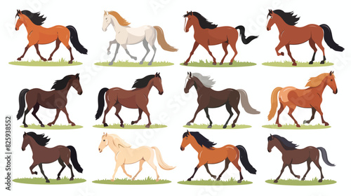 Horse poses. Wild horses walking or gallop running po