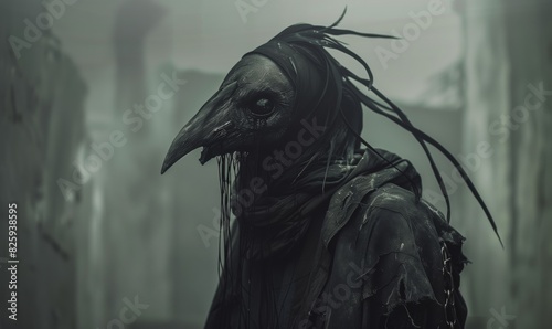 A mysterious figure in a dark bird-like mask in a foggy alley